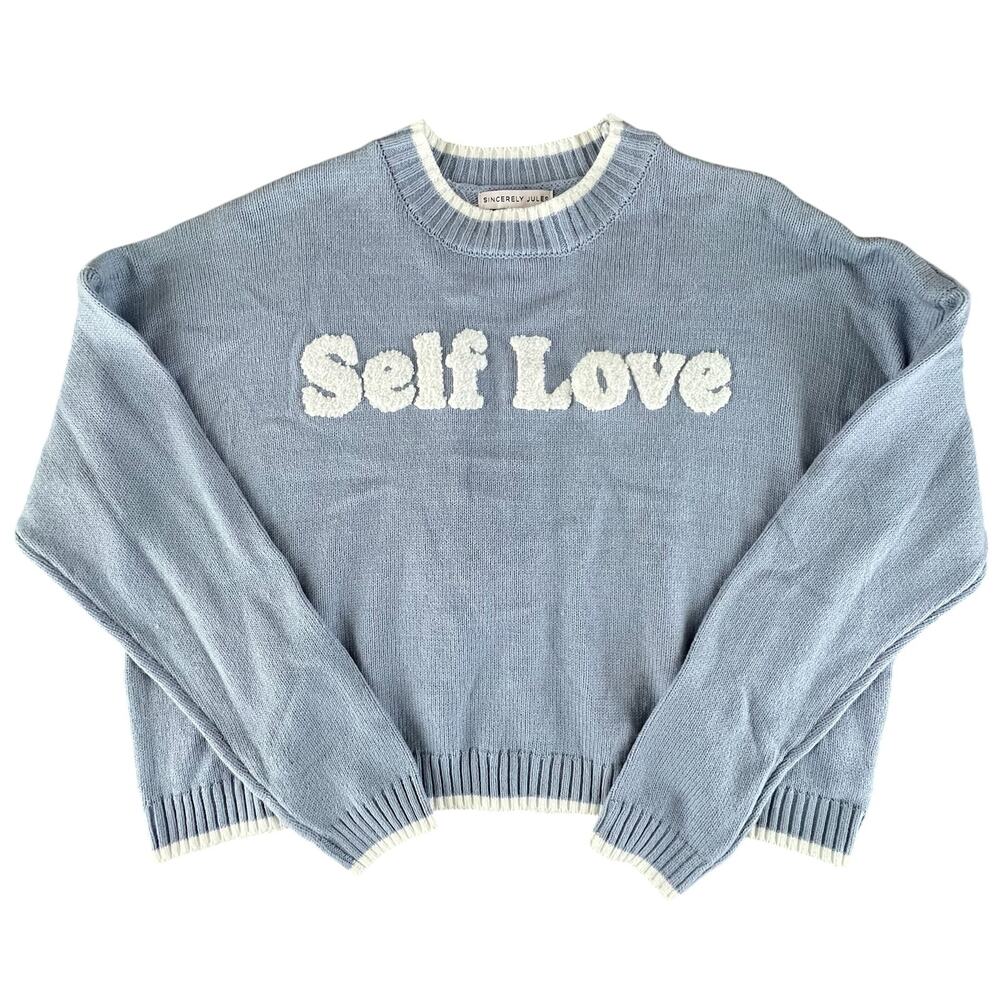 Sincerely Jules Chenille Self Love Sweater S Blue Cropped Graphic Soft Girl Knit